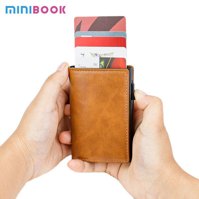 RFID Blocking PU Leather Automatic Pop Up Credit Card Holder Wallet With Metal Card Box