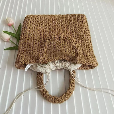 2024 Customized Logo Square Paper Rope Raffia Straw Tote Shoulder Handbag Polyester Bag