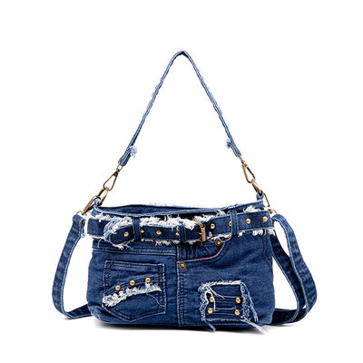 Denim Shoulder Bag Luxury Vintage Zipper Jean Pants Design Belt Tie Purse for Women