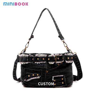 Denim Shoulder Bag Luxury Vintage Zipper Jean Pants Design Belt Tie Purse for Women