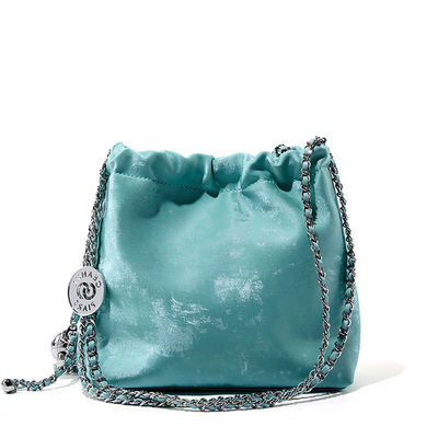 Women's Mini Bucket Bags with String Chain and Waterproof Design Bright Shiny Leather