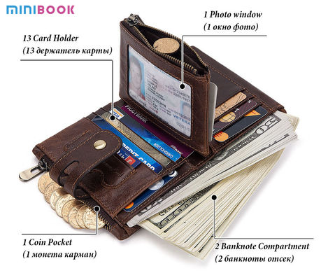 Business Design Style Genuine Cowhide Leather RFID Mini Wallet for Mobile Phone Cases