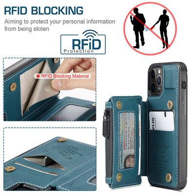 PU Leather Wallet Cover for iPhone 14 15 Pro Max Zipper and Card Slot Closure