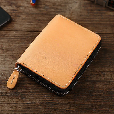 Retro Style Short Zipper Wallet Money Cloth Made of Vegetable Tanned Cowhide Leather